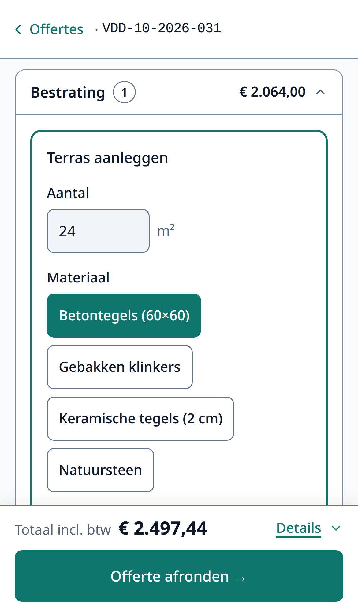 The 'Work' step on a phone: laying a patio, with quantity, options and price
