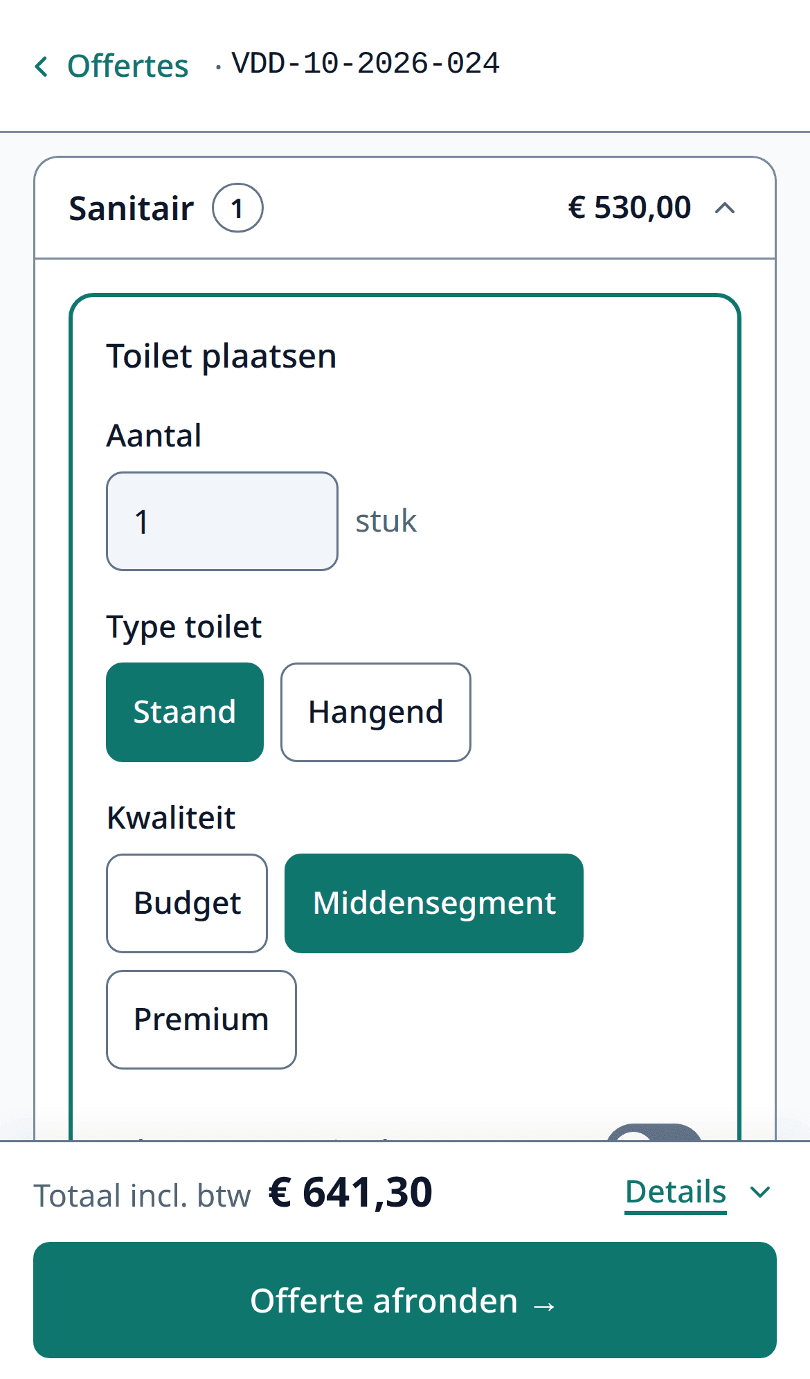 The 'Work' step on a phone: installing a toilet, with quantity, options and price