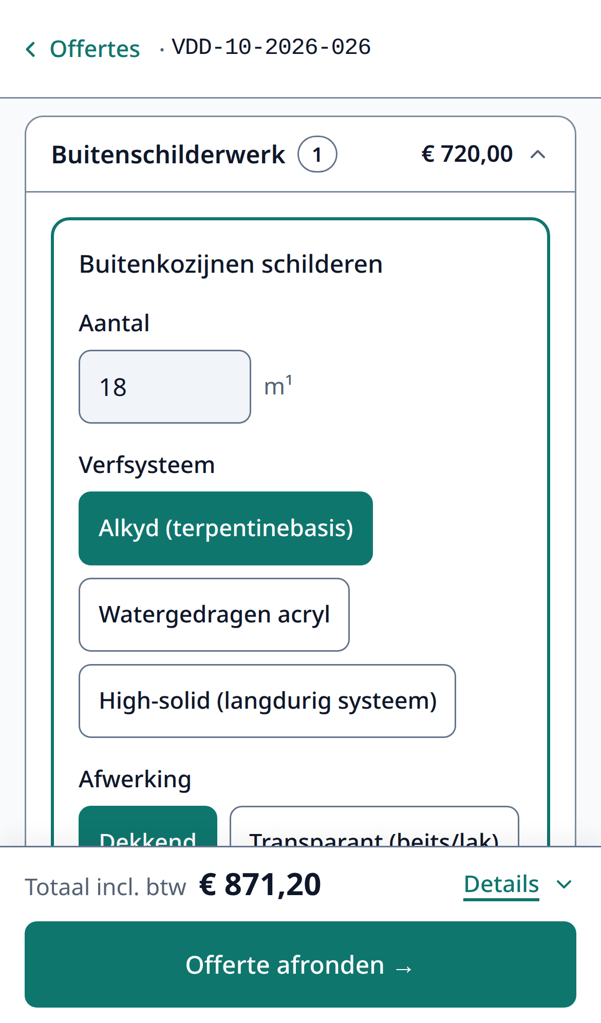The 'Work' step on a phone: painting exterior window frames, with quantity, options and price