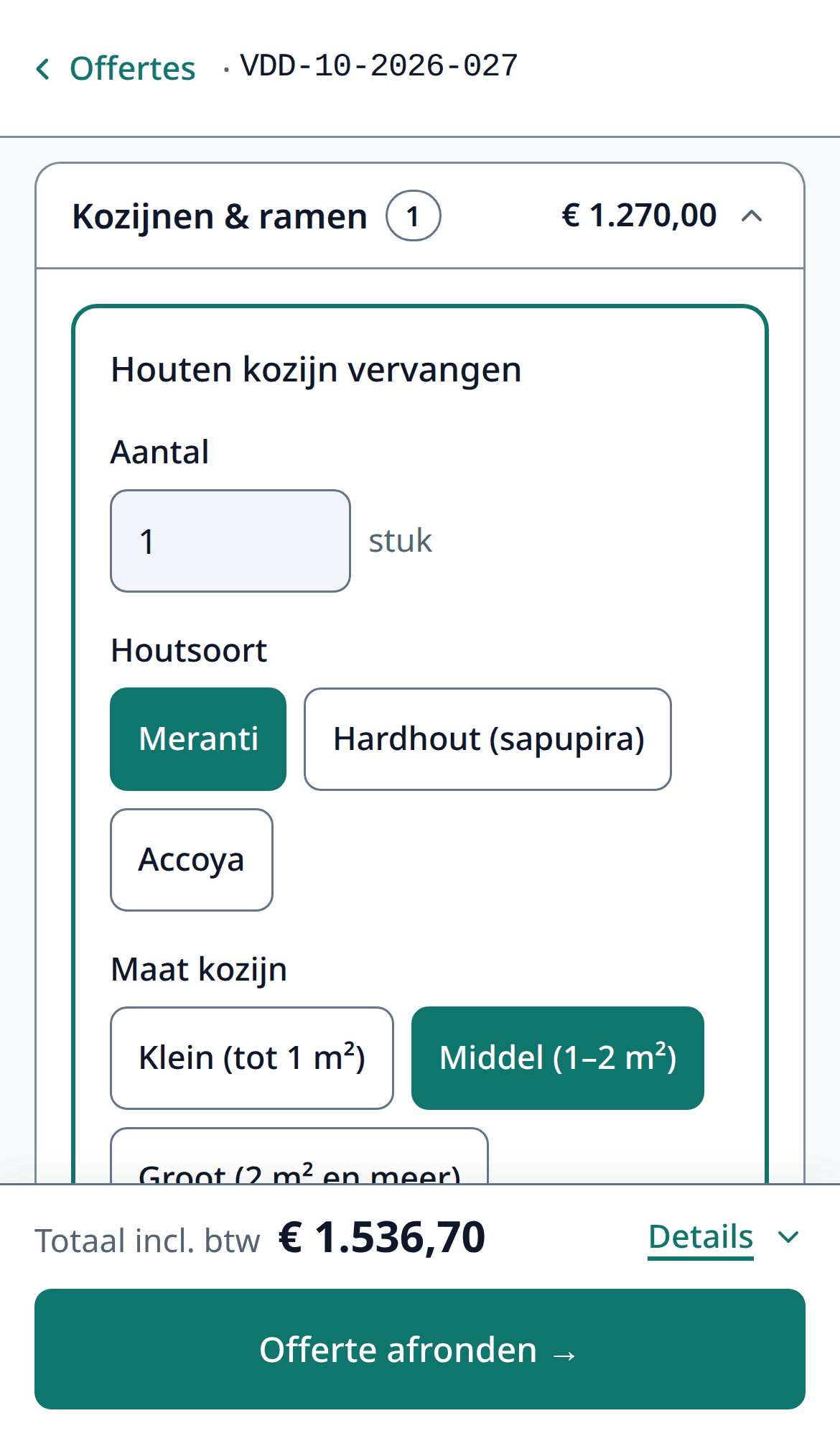The 'Work' step on a phone: replacing a wooden window frame, with quantity, options and price