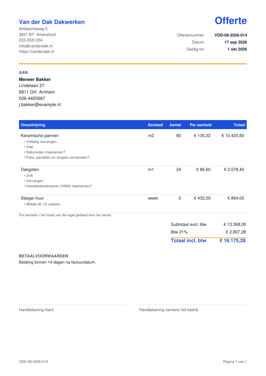 The PDF the customer receives: a neat quote with company details, customer details and the items