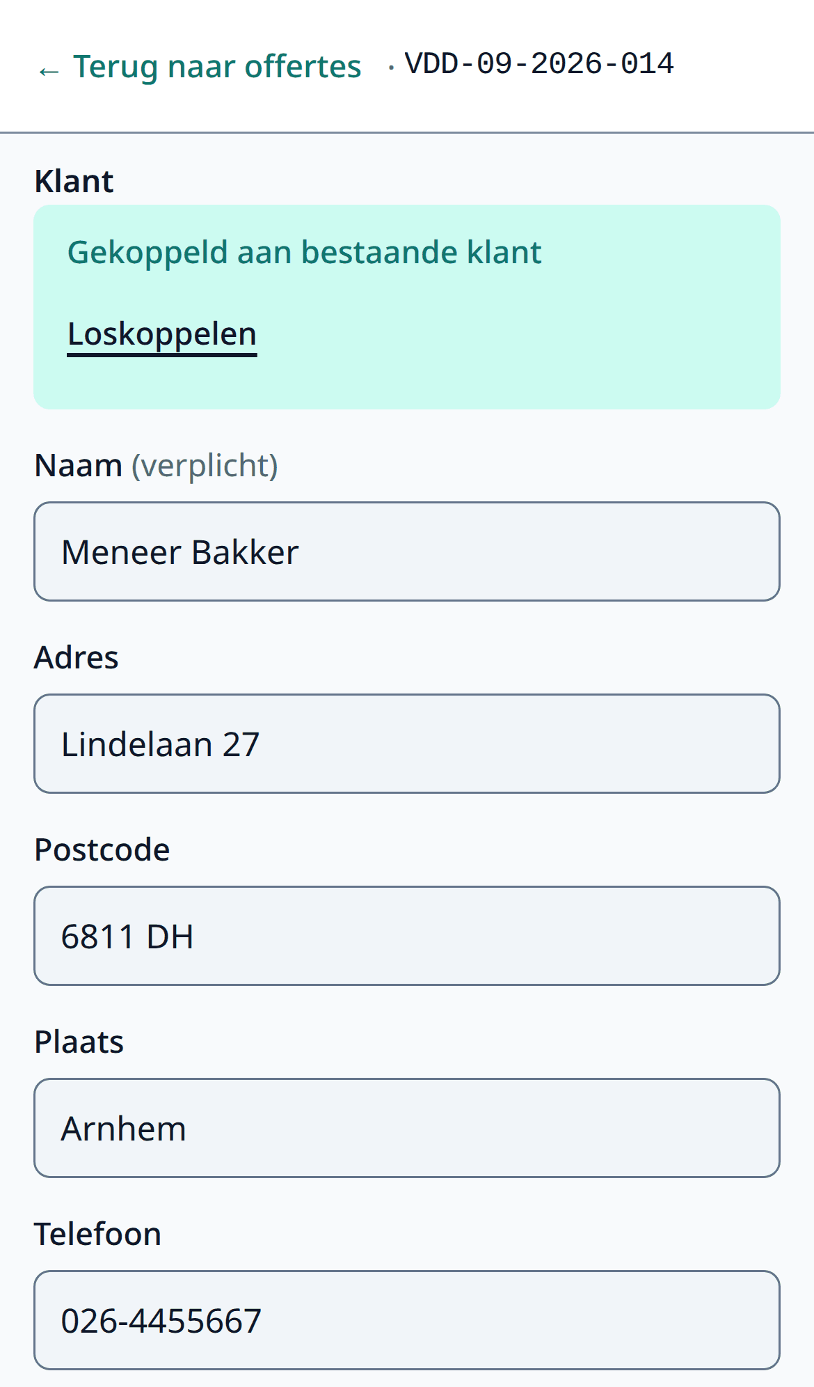 The 'Customer' step on a phone: the customer's name and address filled in
