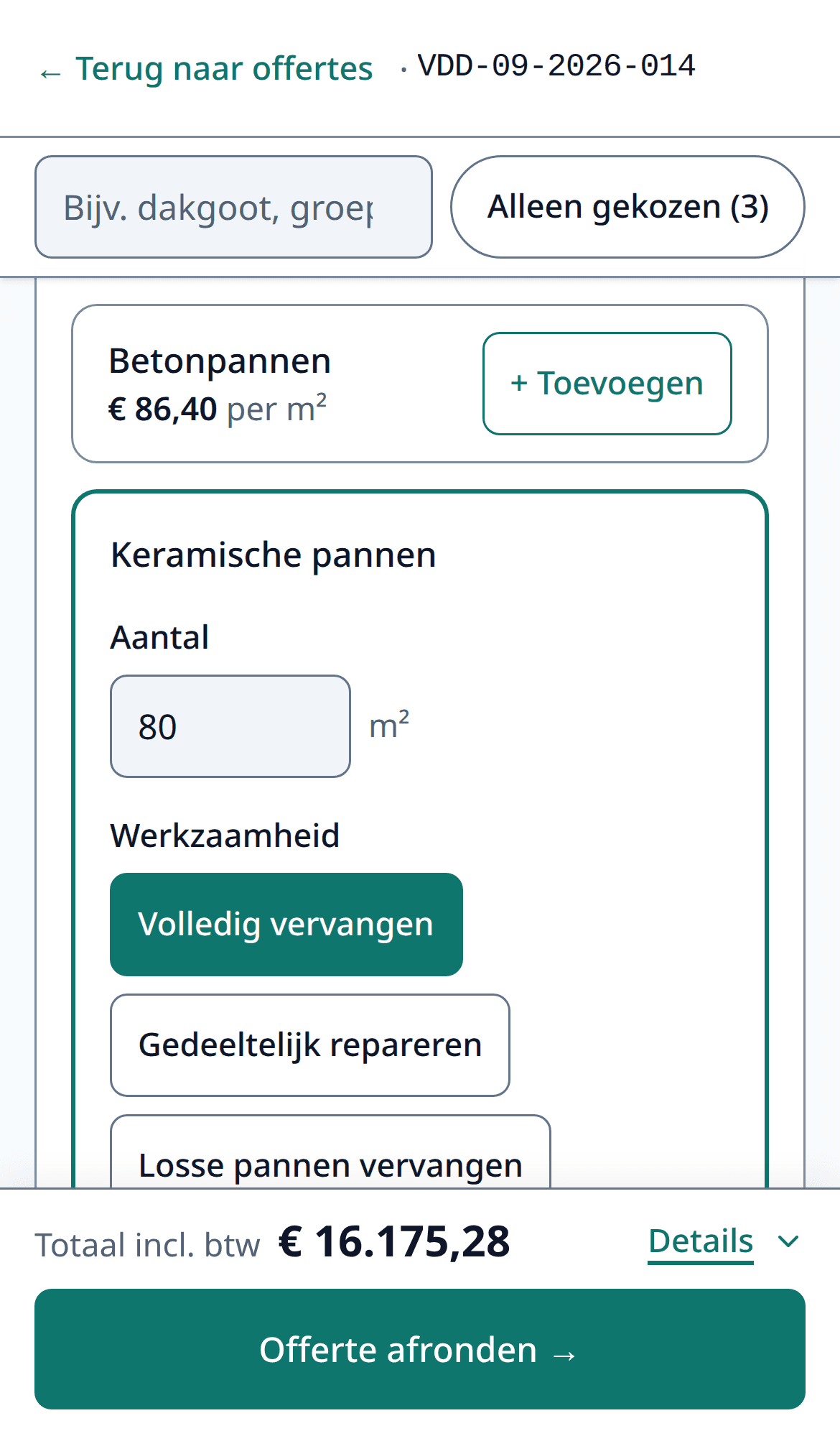 The app on a phone: the 'The work' step of a roofing quote, with ticked items and prices
