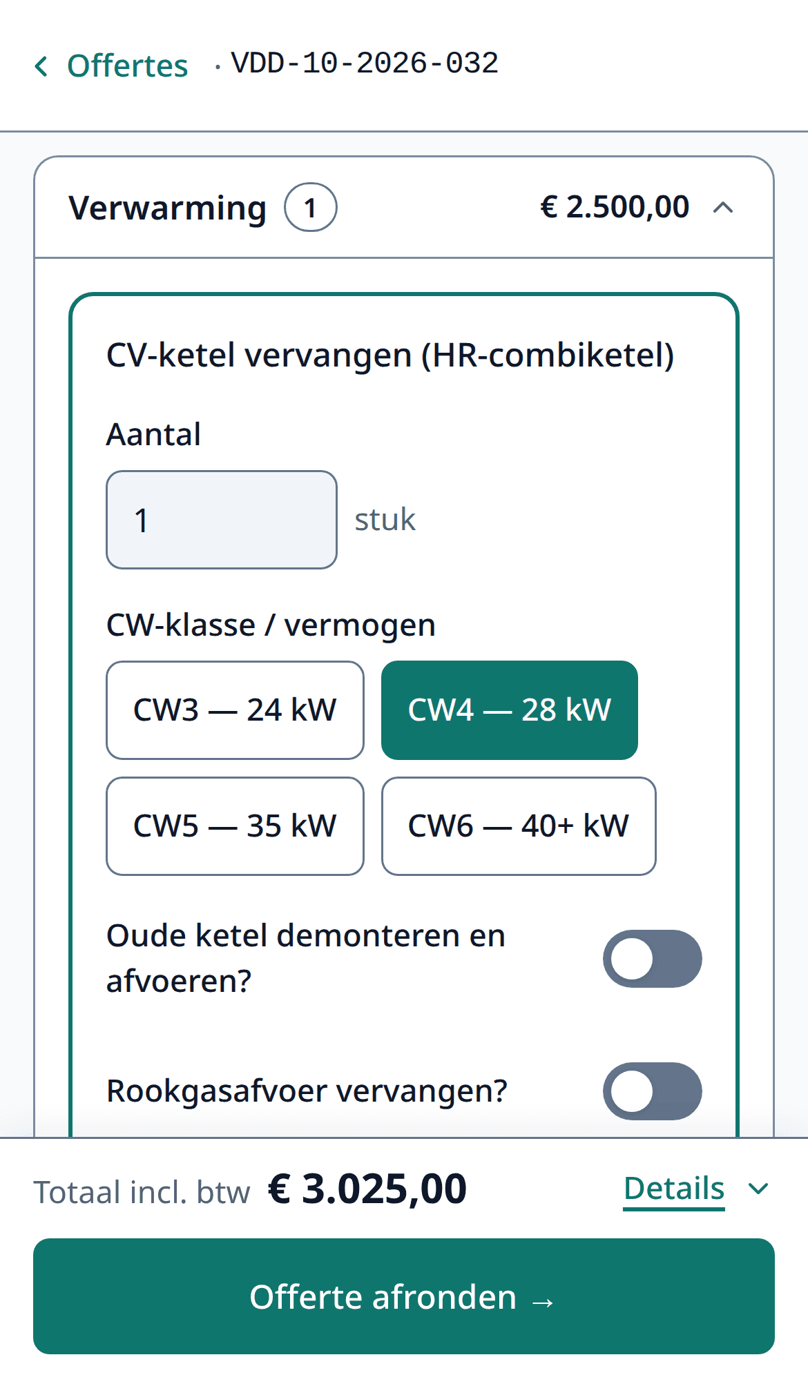 The 'Work' step on a phone: replacing a boiler, with quantity, options and price