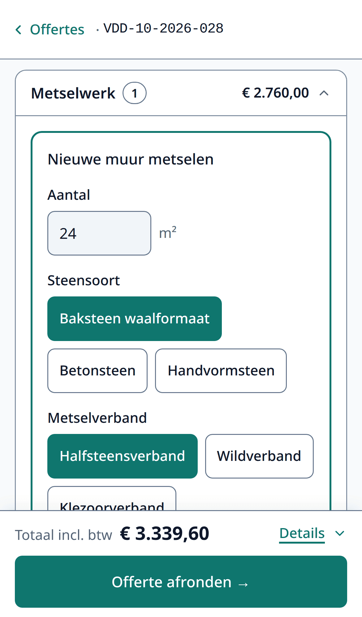 The 'Work' step on a phone: building a new wall, with quantity, options and price