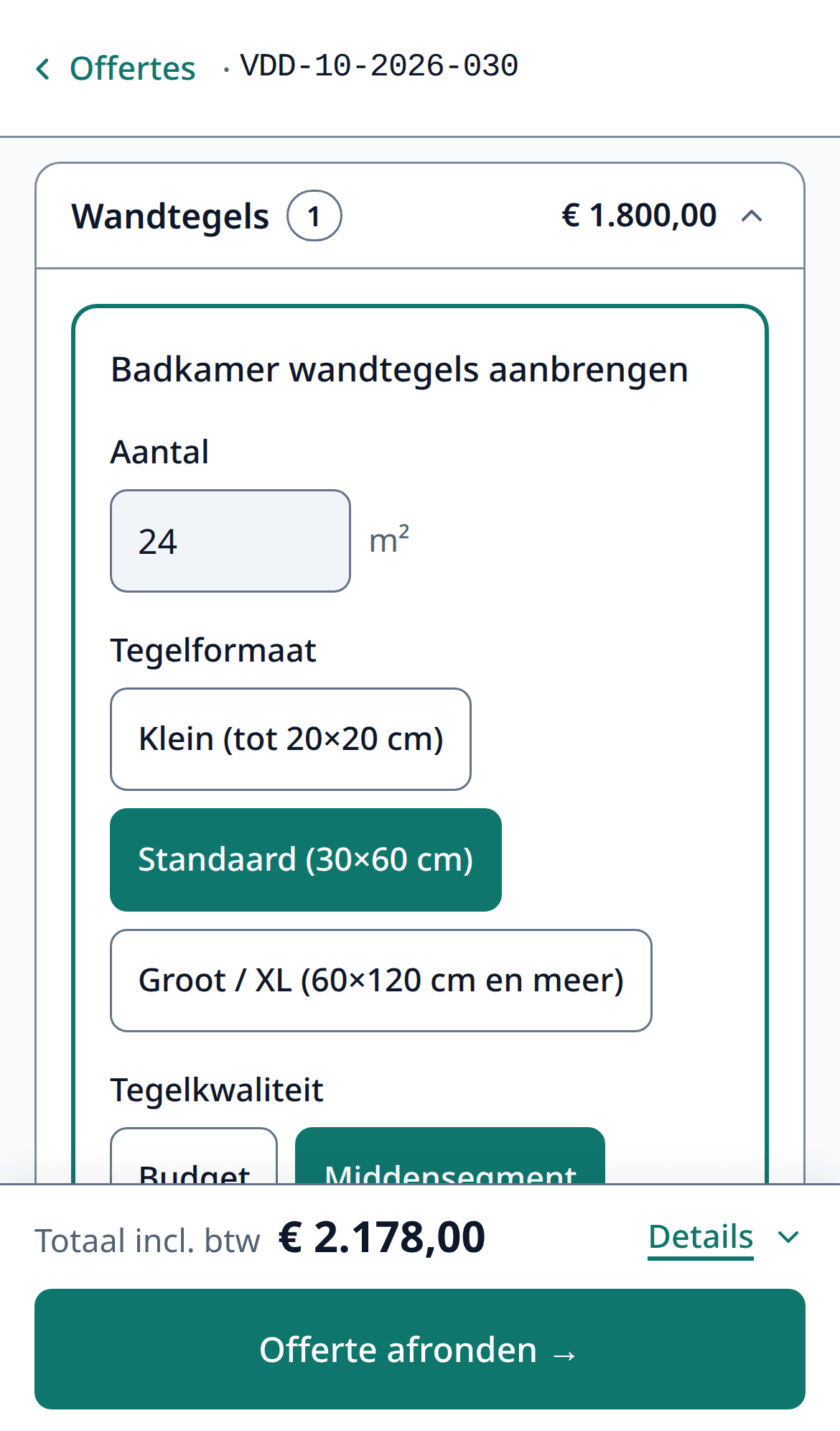 The 'Work' step on a phone: tiling bathroom walls, with quantity, options and price
