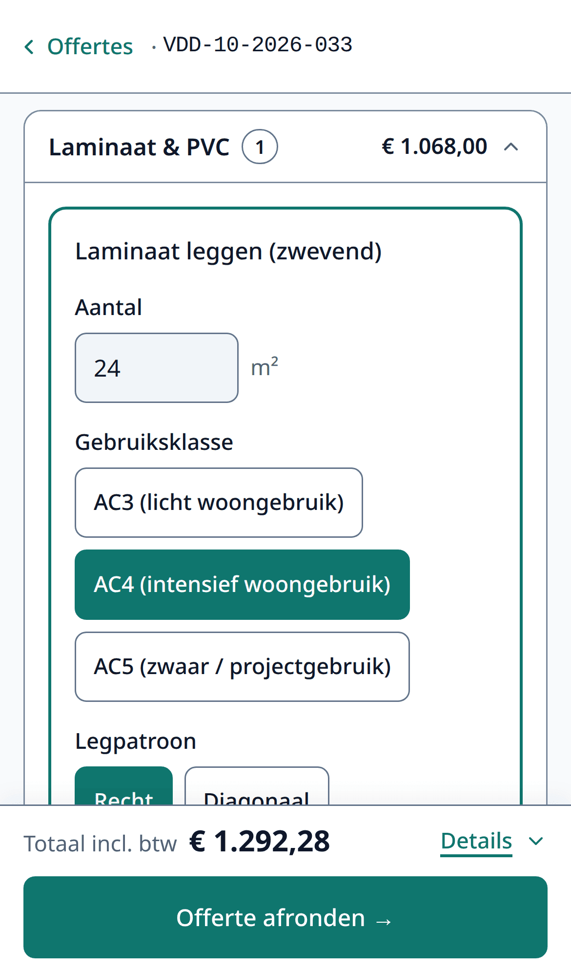 The 'Work' step on a phone: laying laminate, with quantity, options and price